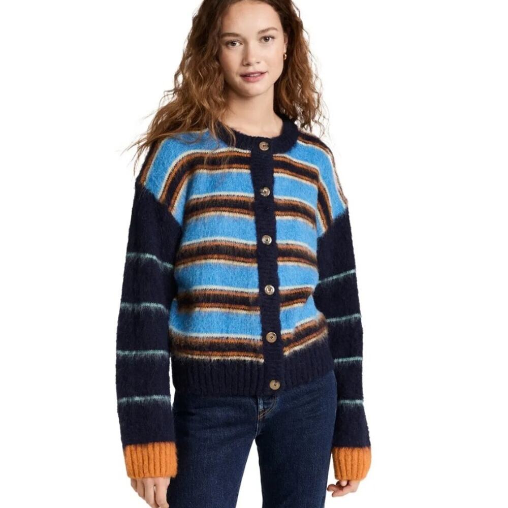 Stine Goya Ash Navy Striped Fluffy Knit Cardigan